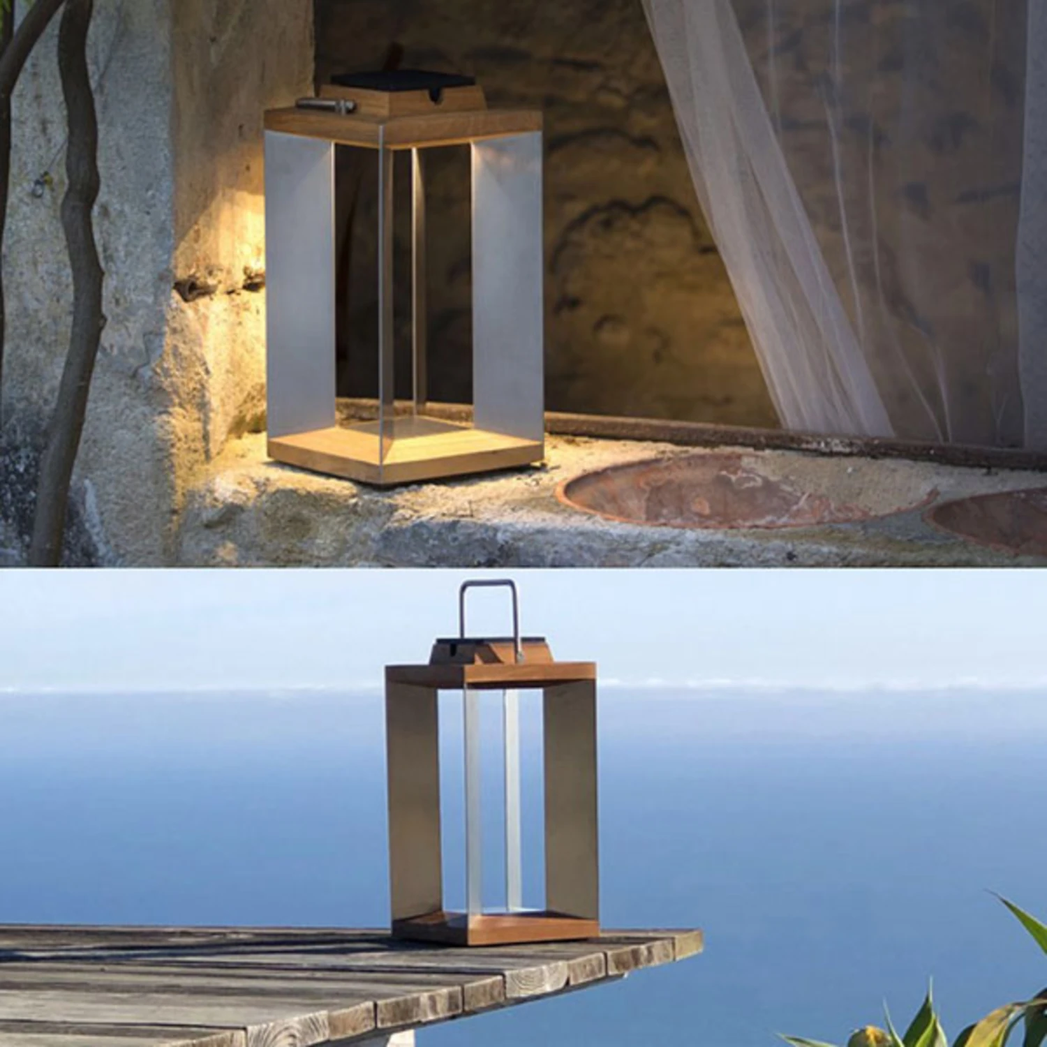 LED-Solarlaterne Teckinox, Teak/Stahl, 45,5cm 4 LED-Solarlaterne Teckinox, Teak/Stahl, 45,5cm – Bild 2