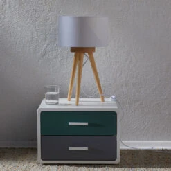 Holz-Tischleuchte Charlia Mit Weißem Stoffschirm -Eleganter Beleuchtungsladen 9621007 2